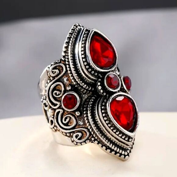 Silver Plated Bohemian Vintage Style Ring With Red Oval Lab Stone Exaggerated - Picture 1 of 7